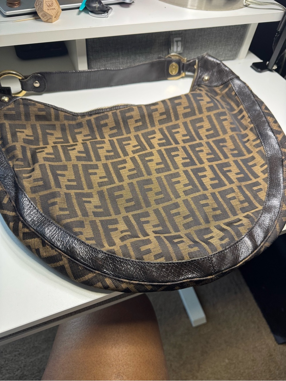 Fendi Brown FF Logo Canvas Hobo with Dark Brown Leather Trim